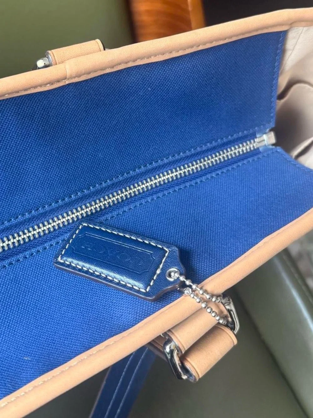 Coach Premium Voyager Blue Canvas Tote with Tan Leather Trim Tote Bag